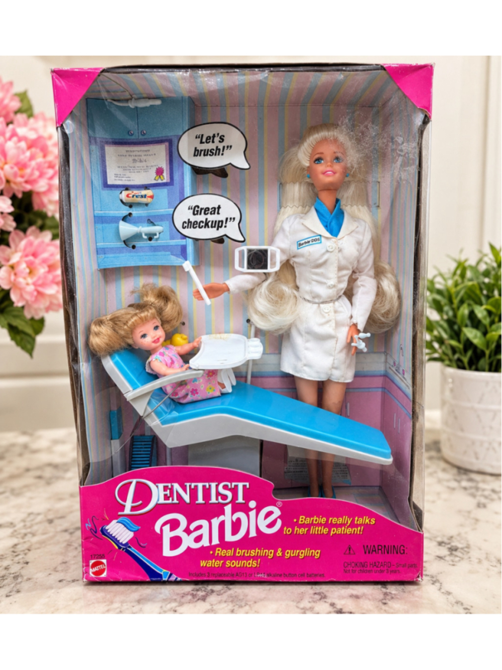 1990s Mattel Barbie Dentist Doll Playset with Patient, White and Blue